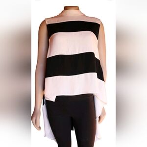San Joy Asymmetric Hi-Low Sleeveless Blouse Black and White Stripe Womens Size M